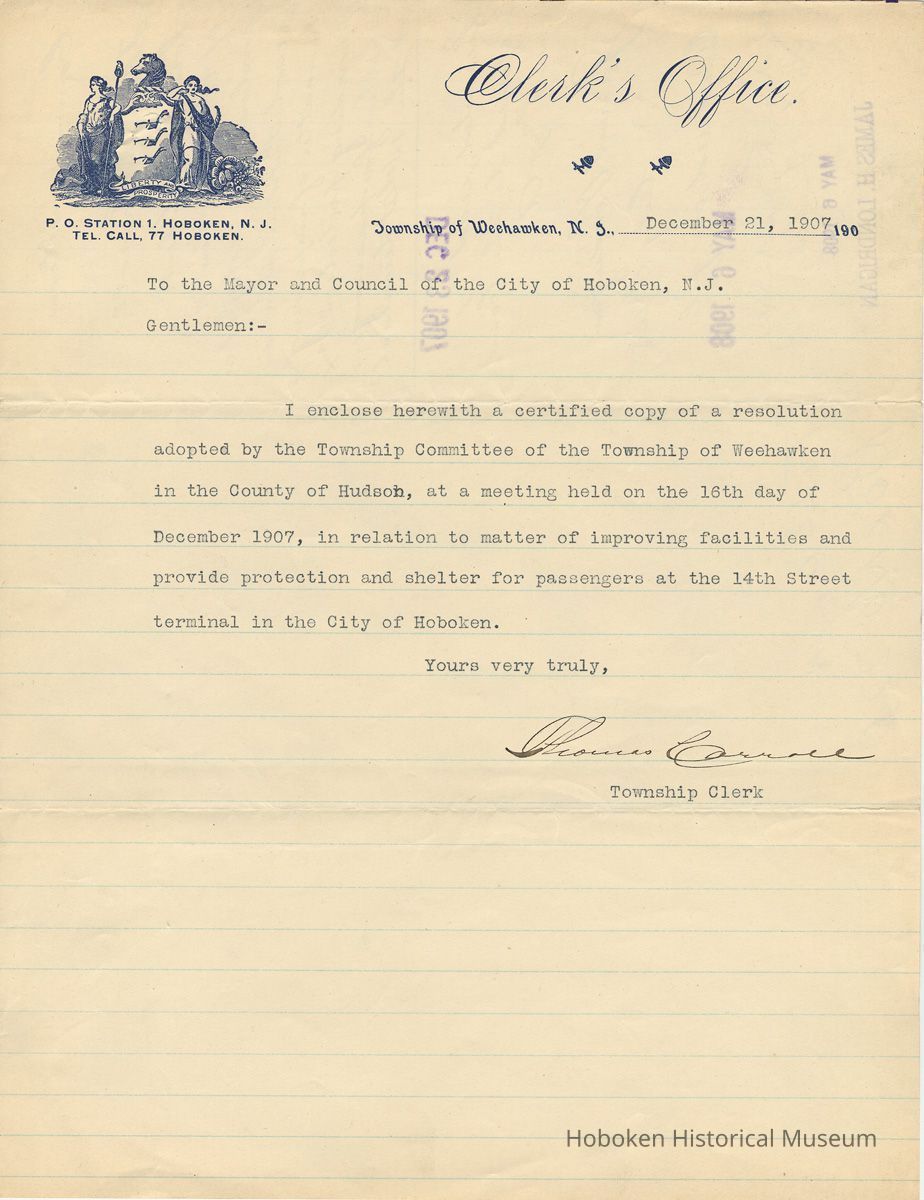 document 1: Clerk's Office, Township of Weehawken, letterhead