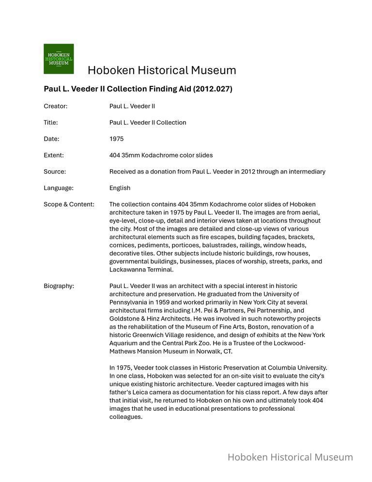 Archive Finding Aid -- Paul L. Veeder II Collection picture number 1
