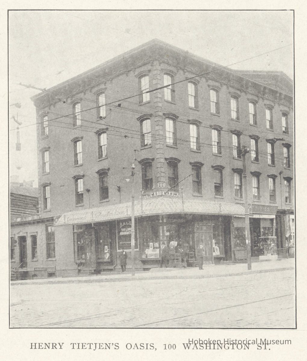 Printed black-and-white photograph of The Oasis, cafe - bar, 100 Washington Street, Hoboken, no date, ca. 1904-1908. picture number 1