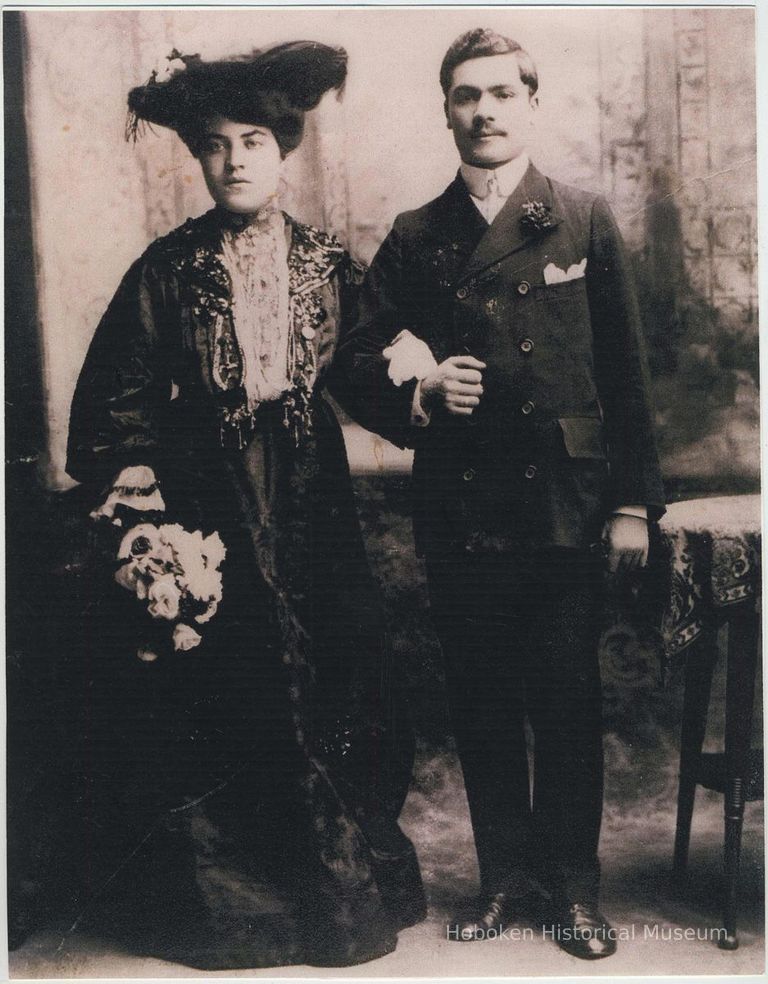 Color photo reproduction of 1905 studio photo of Domenico & Pasqualina Pescatore at the time of their marriage, Avellino, Italy. picture number 1