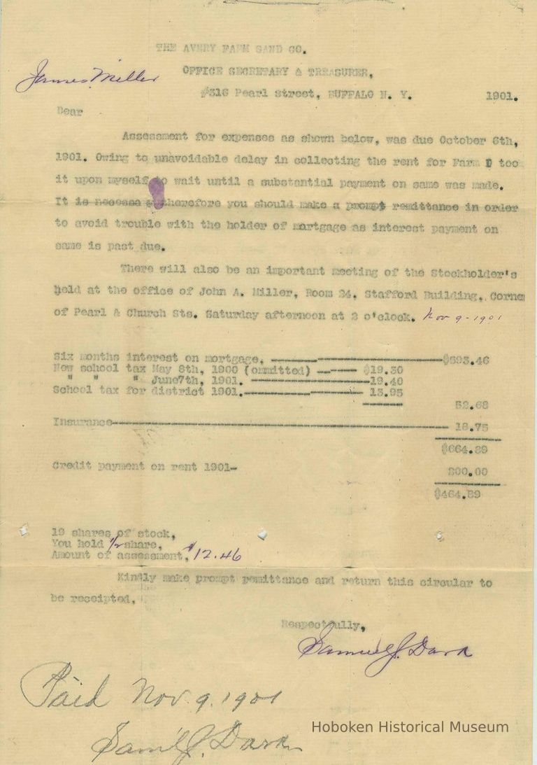 Bill to and receipt for James Miller from 