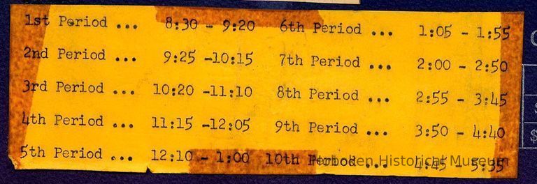 Digital image of a clipped mimeographed class period time schedule, no place, no date, ca. 1956-57 picture number 1