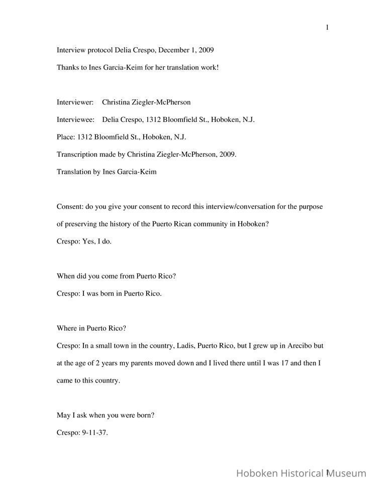 Transcript of interview of Delia Crespo of Hoboken; for El Centro Puerto Rican History Project, 2009. picture number 1