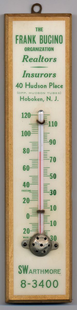 Wall thermometer advertising Frank Bucino, Inc., Realtors, Insurors, 40 Hudson Place, Hoboken, N.J. No date, ca. 1950-1960. picture number 1