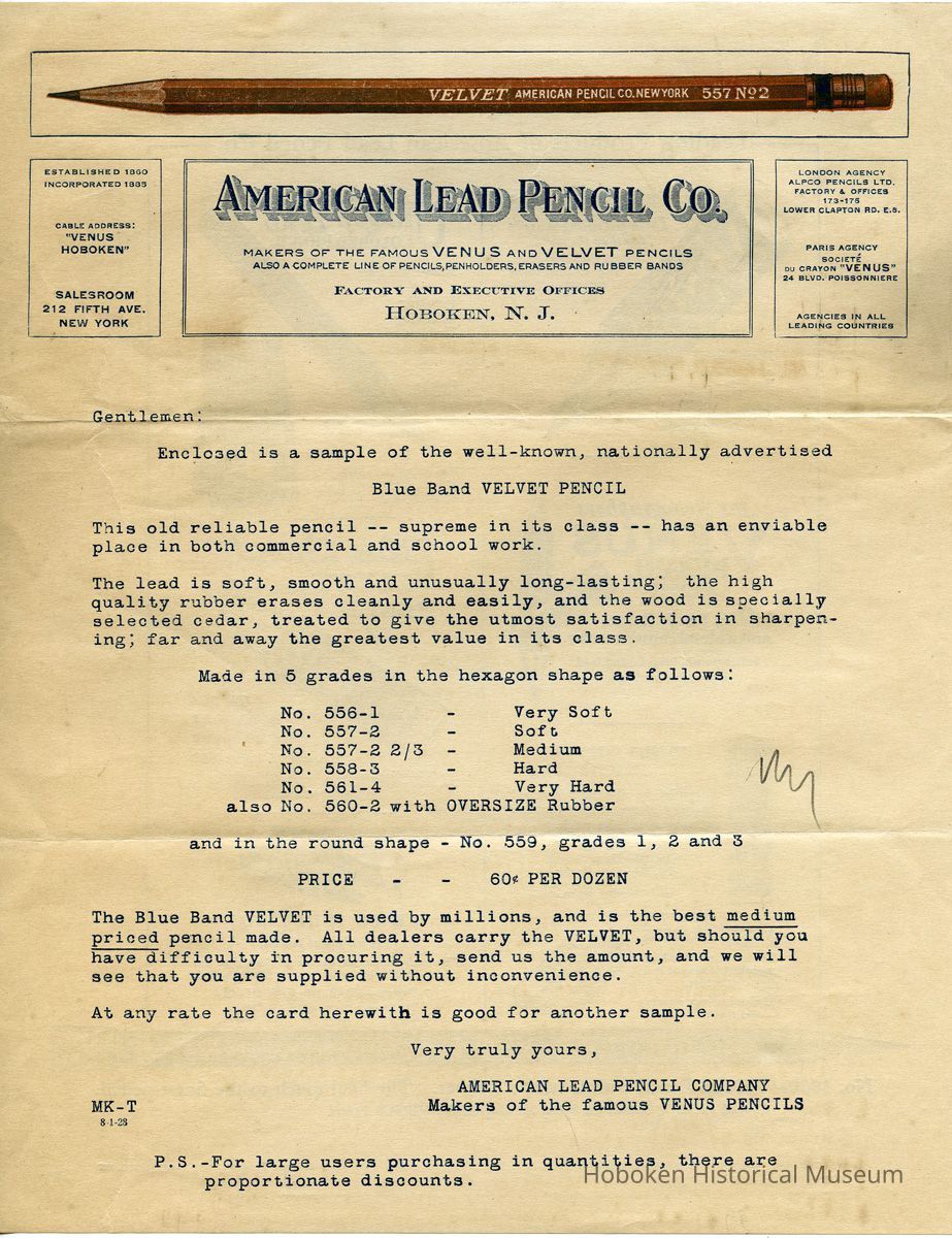 front, American Lead Pencil Co. promotion letter on stationery