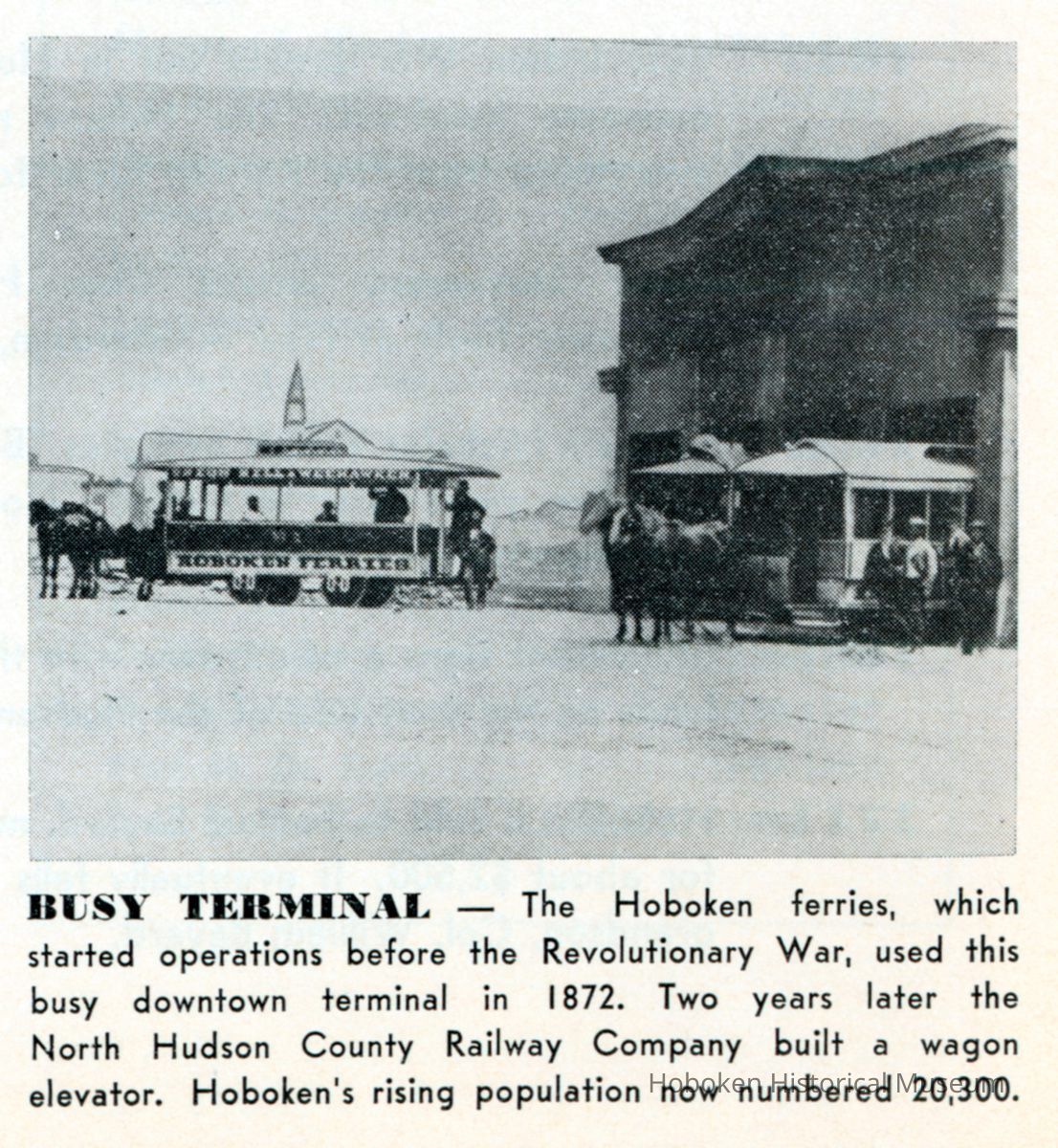 Reference image: Hoboken ferry terminal with horsecars in downtown Hoboken, 1872(?). picture number 1