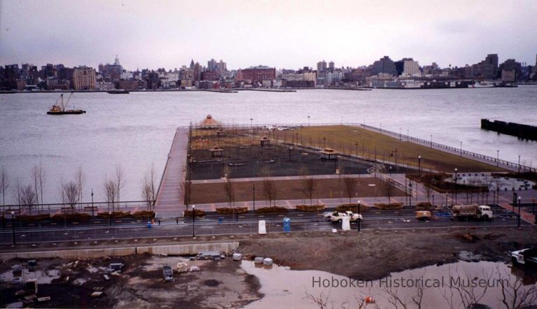 Color photo of an elevated view of construction progress of Pier A Park, Hoboken, 1999. picture number 1