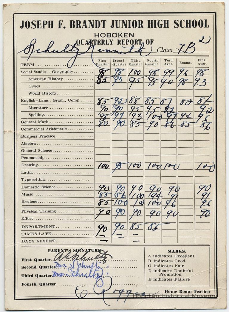 Digital image of Kenneth Schultz's seventh grade report card for class 7B2, Brandt School, Hoboken, no date, ca. 1950-51. picture number 1