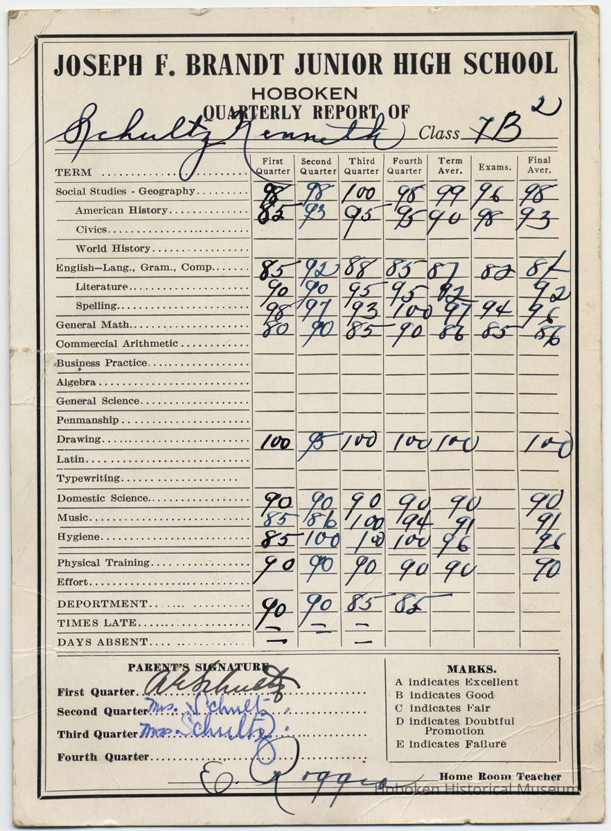 Digital image of Kenneth Schultz's seventh grade report card for class 7B2, Brandt School, Hoboken, no date, ca. 1950-51. picture number 1