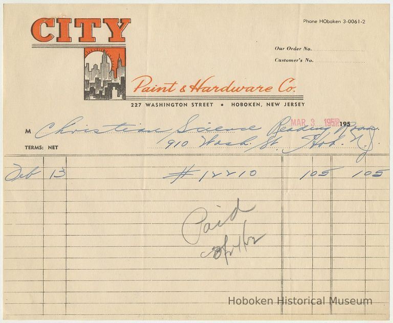 5. City Hardware statement 1952; typical illustrated billhead