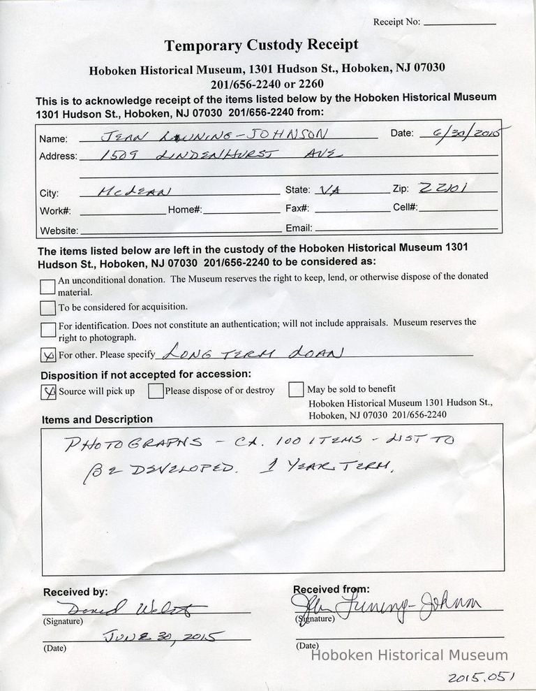 Luning Temporary Custody receipt Accession 2015.051