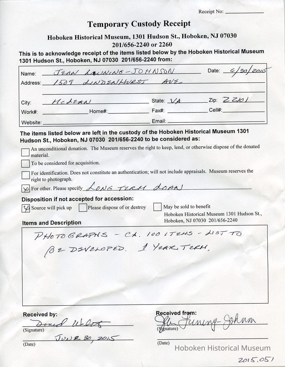 Luning Temporary Custody receipt Accession 2015.051