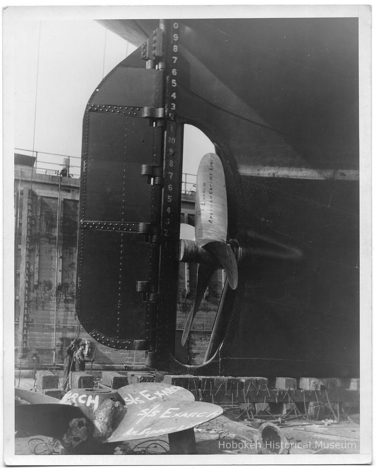 B+W photo of propeller installation on the S.S. Exarch in dry dock, Hoboken, no date, ca. 1940. picture number 1