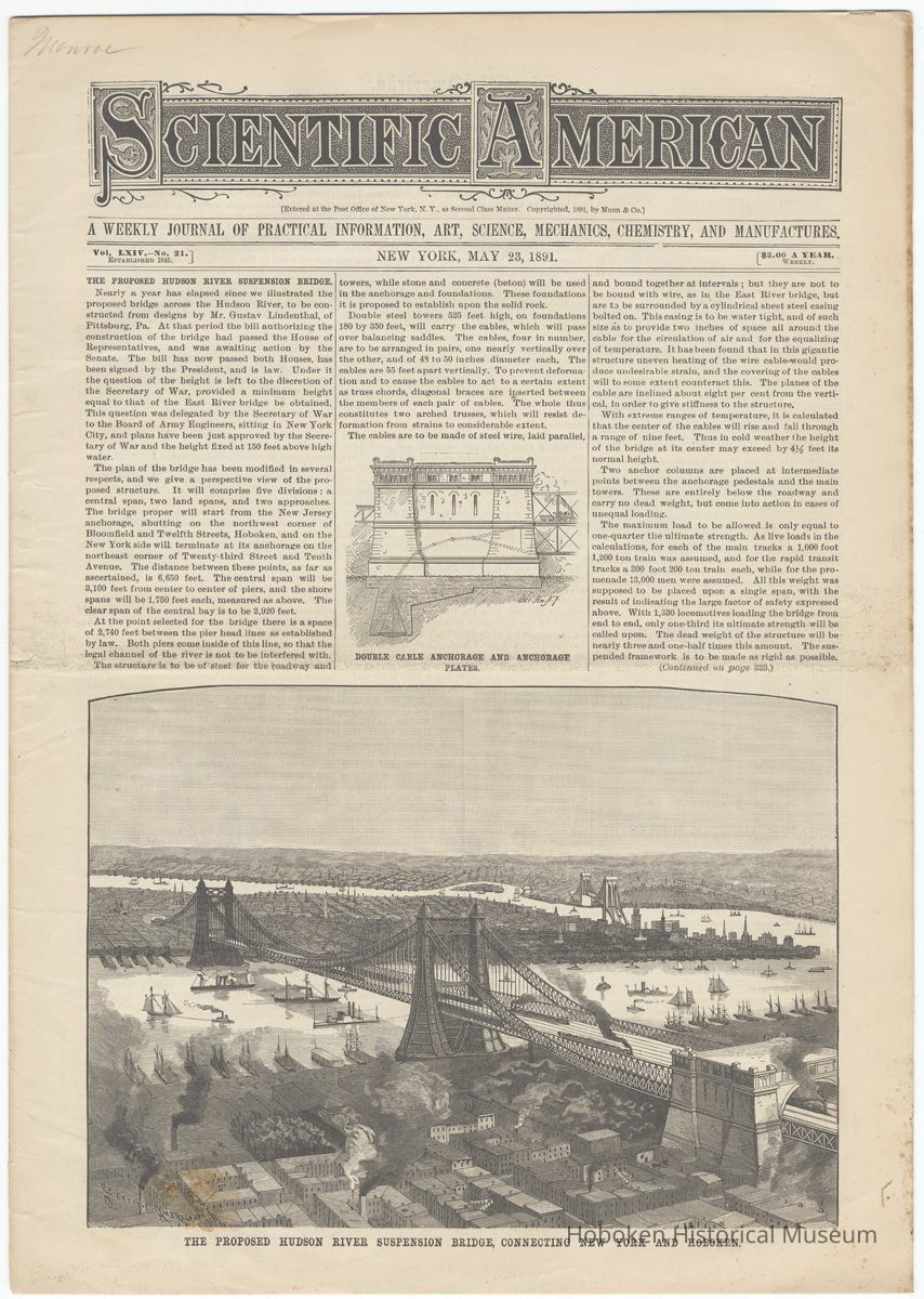 Proposed North River Bridge: Scientific American, May 23, 1891, front page