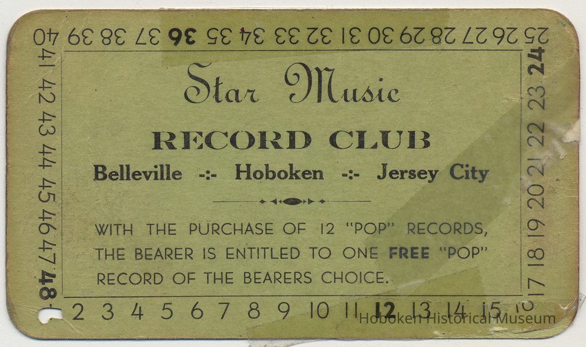 Coupon card: Star Music Record Club, Belleville, Hoboken, Jersey City. No date, circa 1930's-1940's. picture number 1