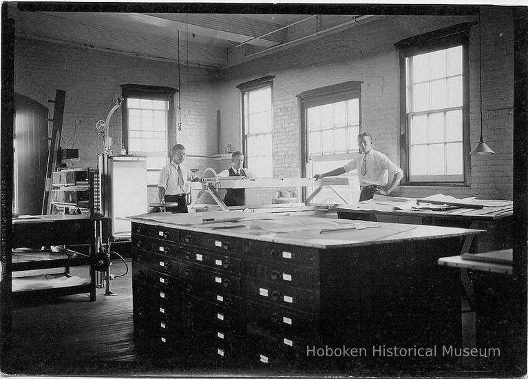 B+W photo of drafting room corner near drawing duplicator, United Dry Dock Company, Hoboken, picture number 1