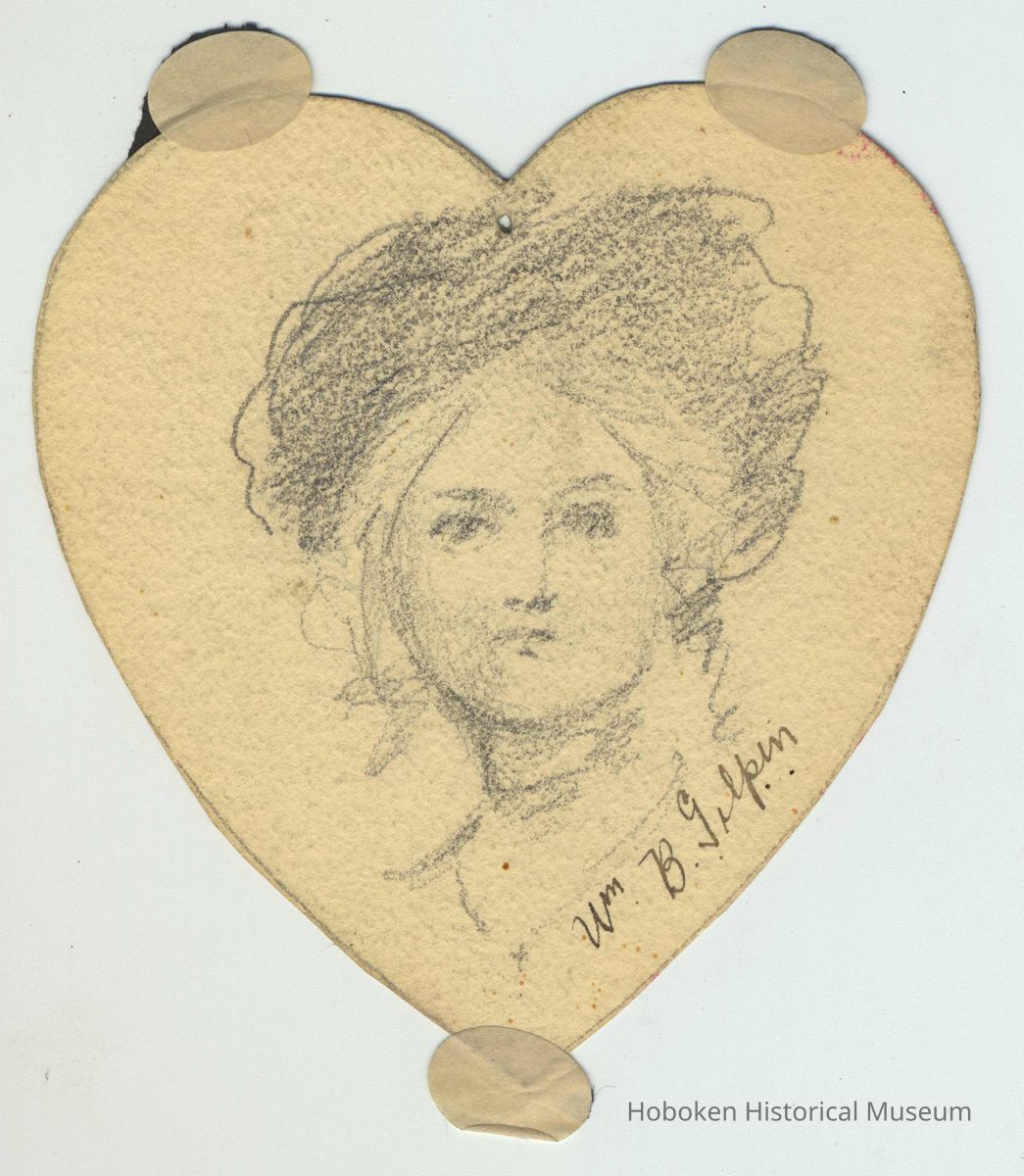 Pencil drawing of a portrait of an unidentified woman on heart-shaped cut-out , signed by artist, William B. Gilpin, no place, no date, c. 1900. picture number 1
