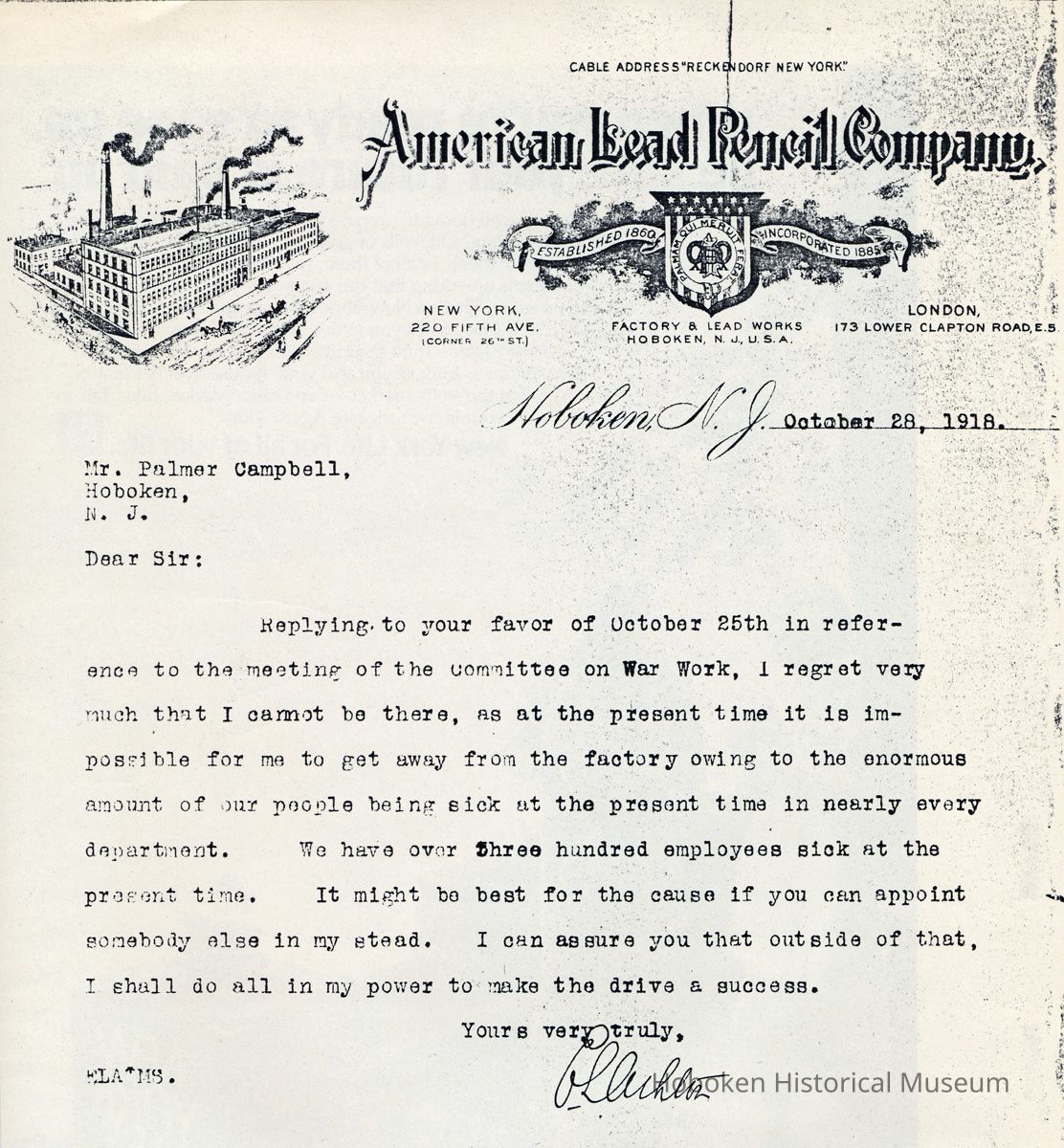 Letter to Palmer Campbell of Hoboken on American Lead Pencil Co. letterhead from company official, Hoboken, Oct. 28, 1918. picture number 1