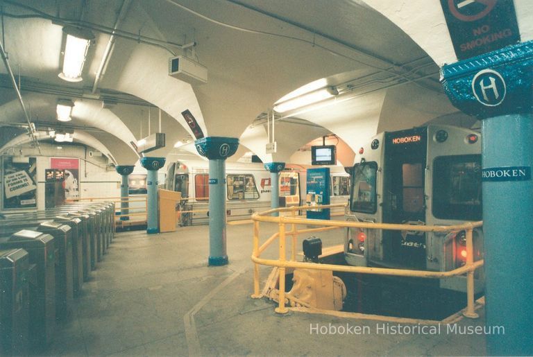 Digital image of color photo looking from track 3 towards track 1 at the east end of the Hoboken PATH station, Nov., 1999. picture number 1