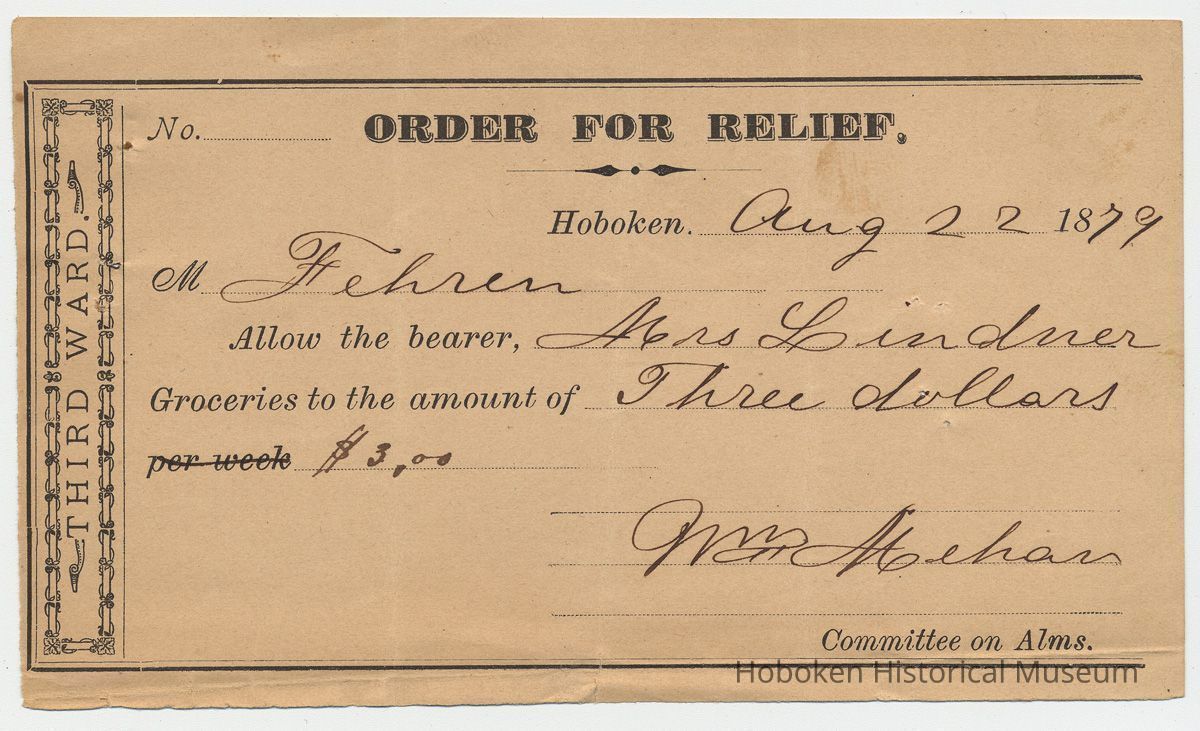 Record: Order for Relief, Third Ward, Hoboken, August 22, 1879, to a grocer allowing the bearer to purchase groceries up to $3.00 picture number 1