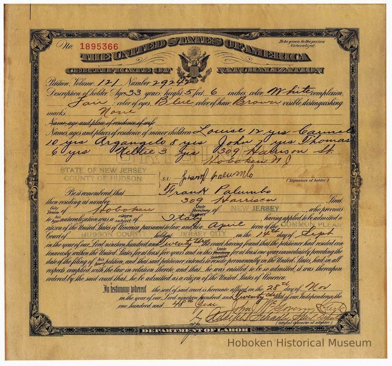 Color photo: naturalization certificate of Frank Palumbo, 309 Harrison St., Hoboken, Sept. 14, 1923. picture number 1