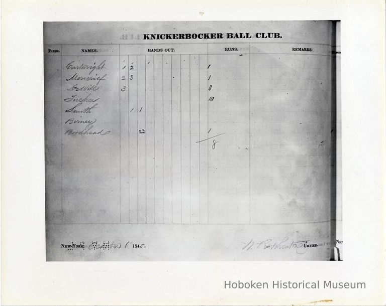 Image: Knickerbocker Ball Club, Gamebook #1, Oct. 6, 1845, page 1