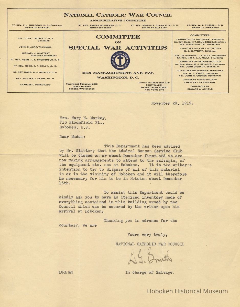 TLS from L.G. Smith, National Catholic War Council to Mrs. Mary H. Markey, Nov. 29, 1919, re closing the Admiral Benson Club, Hoboken, ca. Dec. 1st & disposal of club's inventory. picture number 1