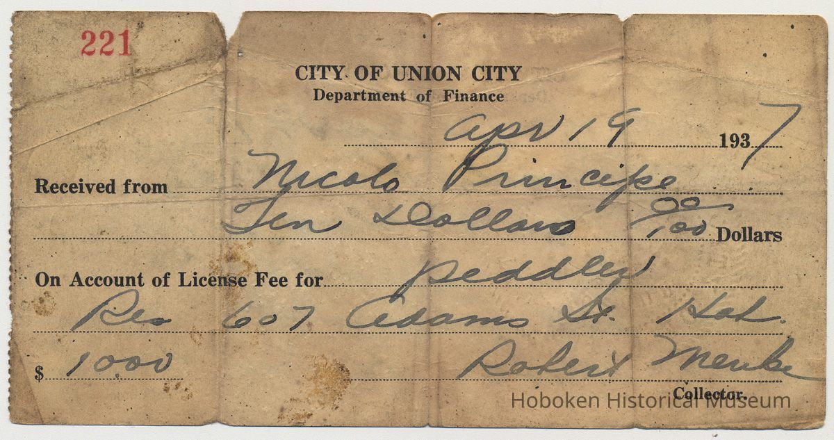 Peddler's license: Nicolo (Nicola) Principe, 607 Adams St., Hoboken from Union City, Apr.19, 1937. Received from picture number 1