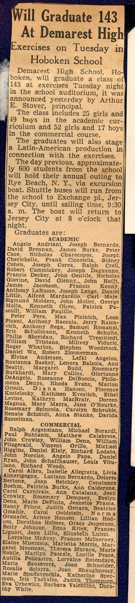 Digital image of newsclipping with list of Demarest High School graduating class, Hoboken, no date, ca. June 1956. picture number 1