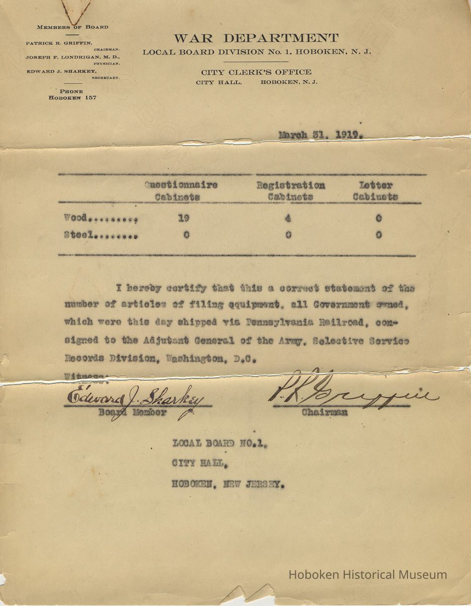 doc 1, leaf 1: TCS Local Board Div. No. 1, Hoboken, March 31, 1919