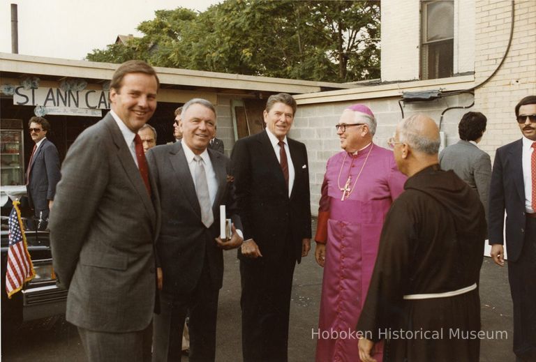 foreground, l-r: Gov. Kean; Sinatra, President Reagan, Archbishop Gerety