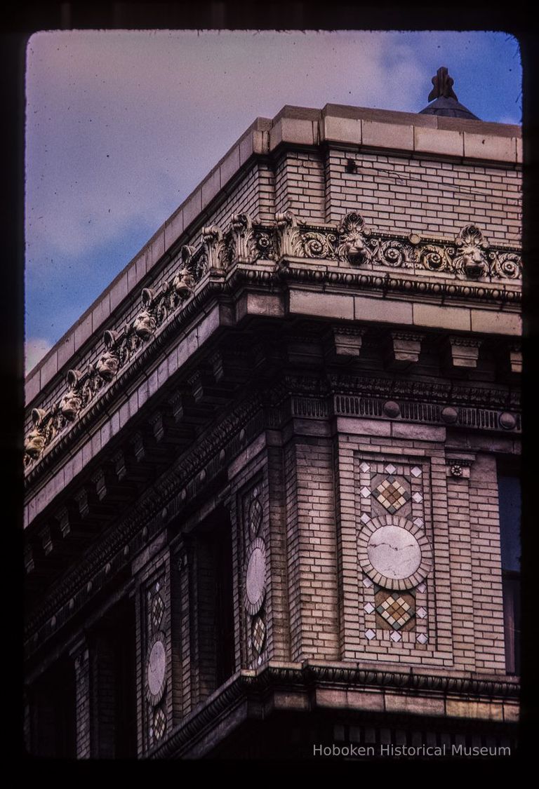 Color slide of close-up view of cornice, dentils and brick pilasters on the Steneck Building/Seaboard Building at 95 River on the SE corner of 1st and River picture number 1