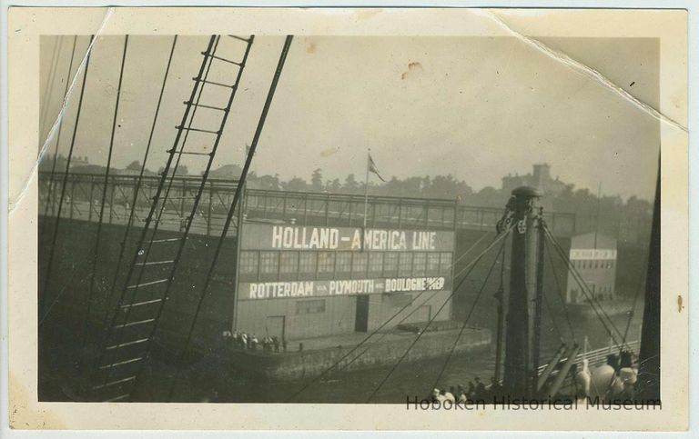 B+W photo of the river end of the Holland America Lines pier shed at Fifth and River Sts. and the Hudson River, Hoboken, no date, ca. 1910 picture number 1