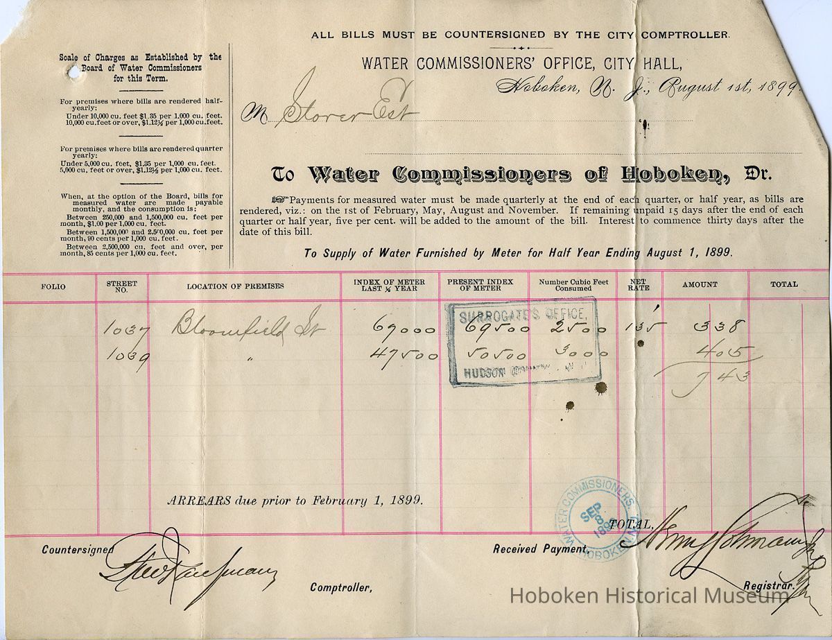1: bill for water charges 1037 & 1039 Bloomfield St.