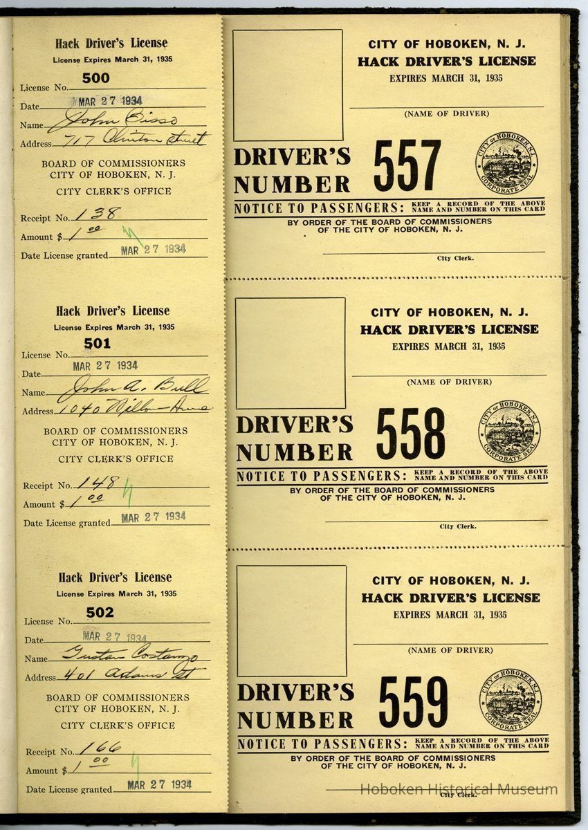front leaf: stubs for licenses 500-502; view to unissued licenses 557-559