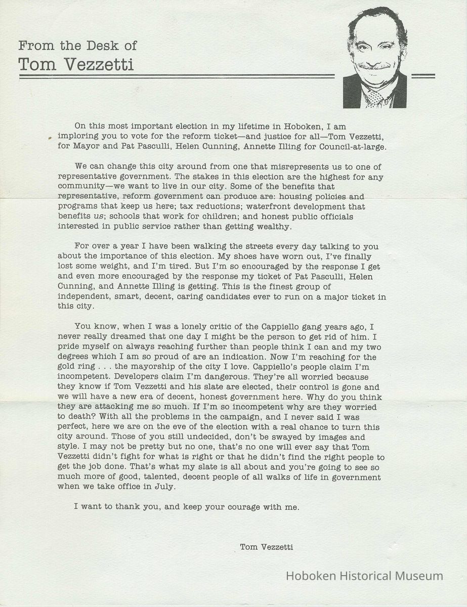 Political campaign letter from Thomas Vezzetti, mayoral candidate, Hoboken, no date, [1985]. picture number 1