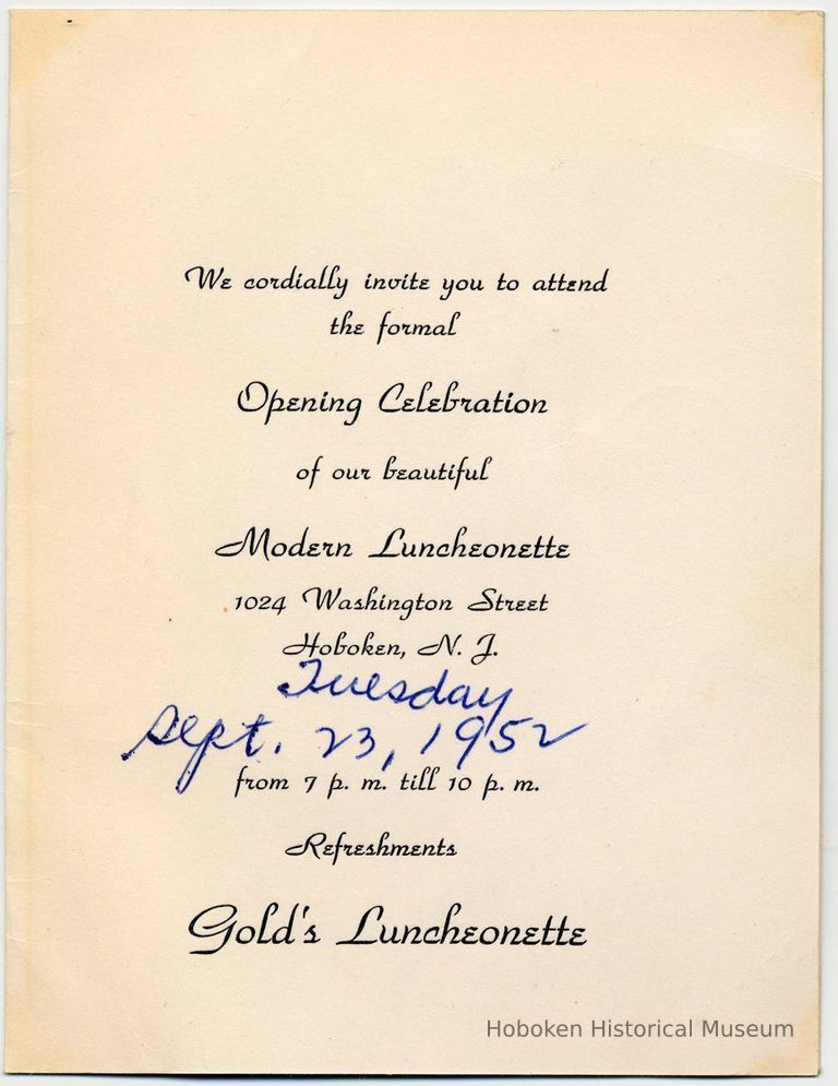 Digital image of an invitation to the Opening Celebration of Gold's Luncheonette, 1024 Washington St., Hoboken, Sept. 23, 1952. picture number 1