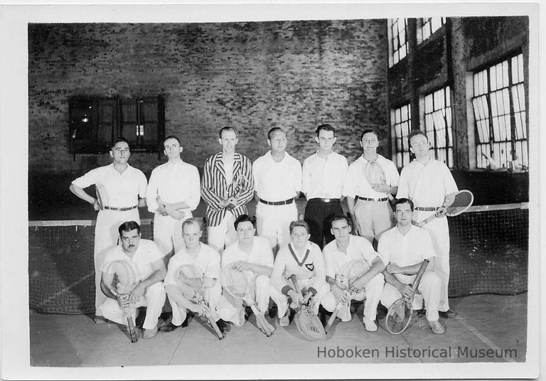 B+W group photo of a tennis team inside a shipyard building, Hoboken, no date, ca. 1935 picture number 1