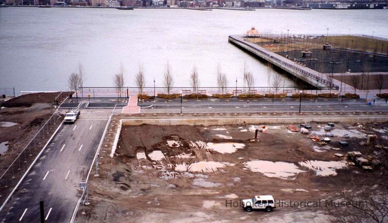 Color photo of an elevated view of construction progress of Pier A Park, Hoboken, 1999. picture number 1