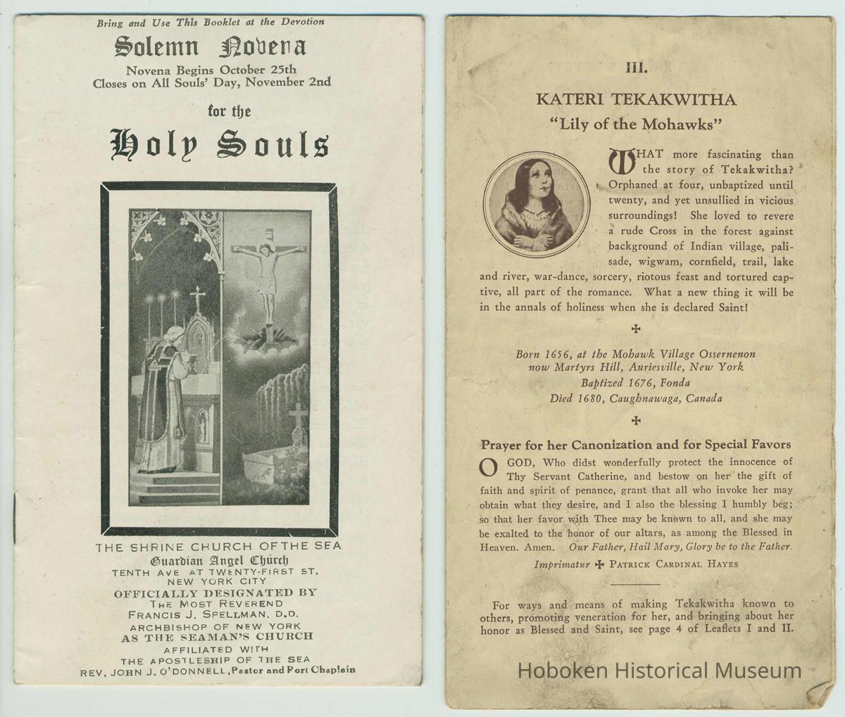 Two religious pamphlets: Kateri Tekakwitha; Solemn Novena for the Holy Souls. No dates. picture number 1