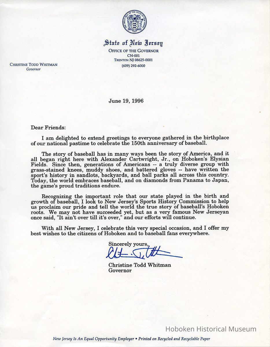 letter: Governor Whitman re Baseball Day, June 19, 1996