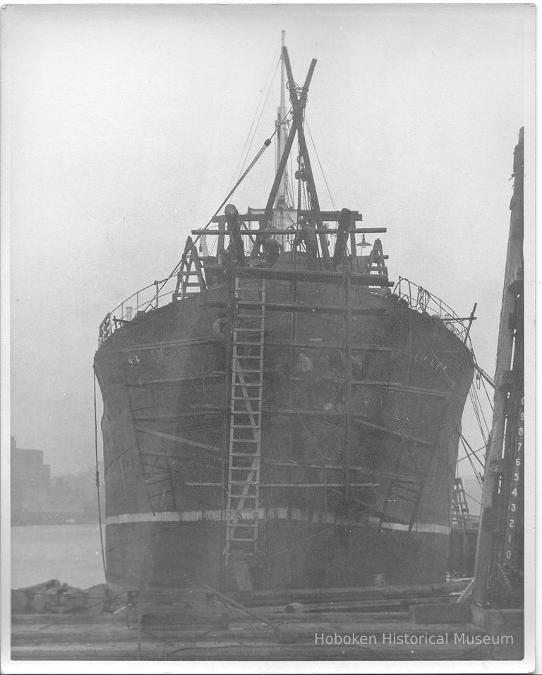 B+W photo of the S.S. Balfen undergoing repair in dry dock, Hoboken, no date, ca. 1935. picture number 1