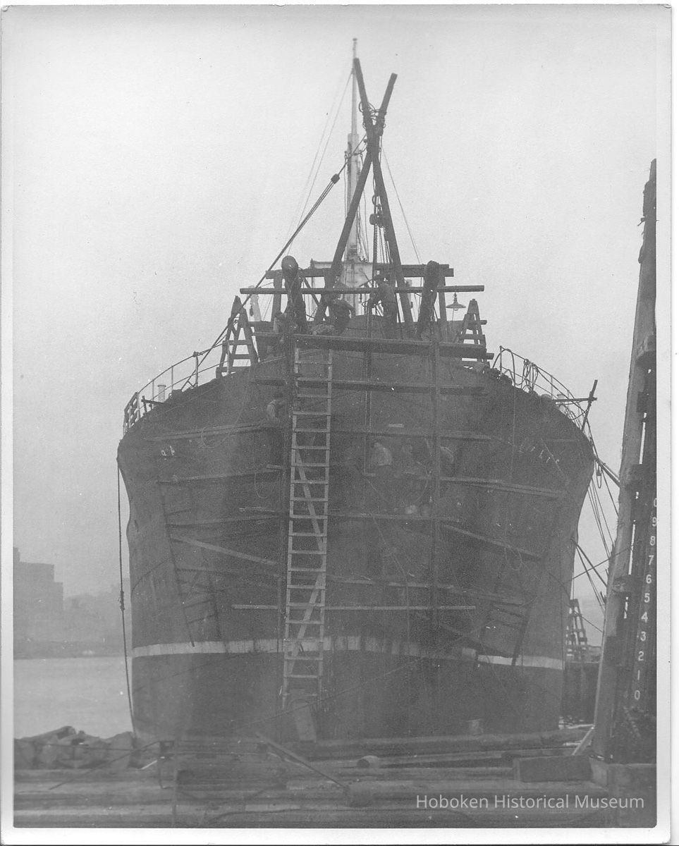 B+W photo of the S.S. Balfen undergoing repair in dry dock, Hoboken, no date, ca. 1935. picture number 1