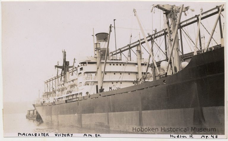 B+W photo of S.S. Macalester Victory at American Export Lines Hoboken pier, Apr. 1948. picture number 1