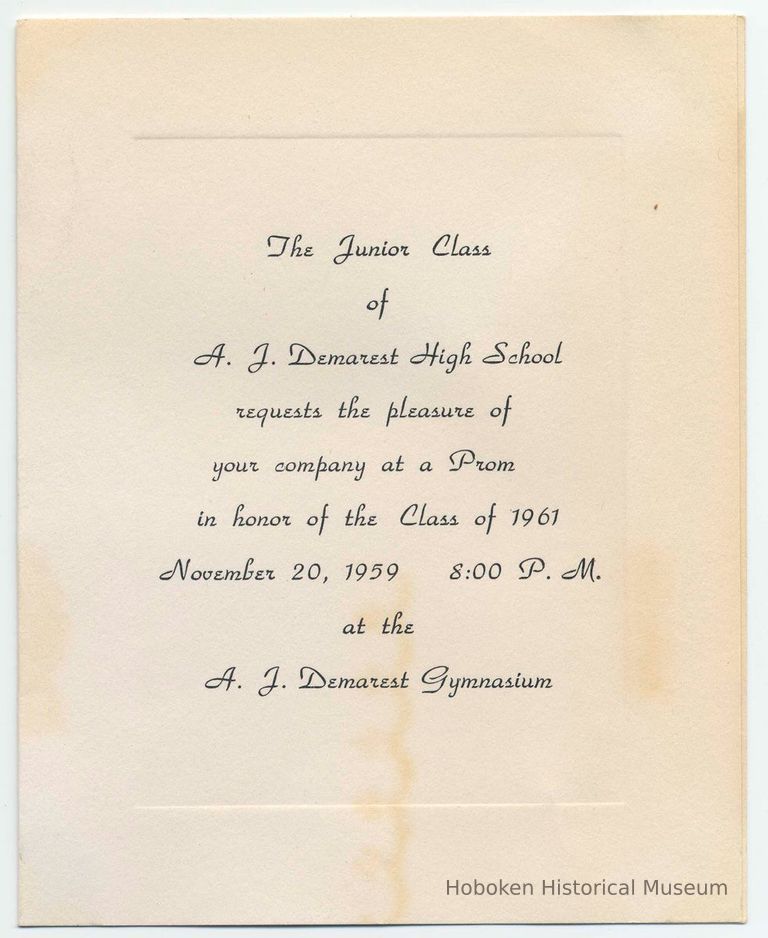 Digital image of engraved invitation to Junior Class Prom, Demarest High School, Hoboken, Nov. 25, 1959. picture number 1