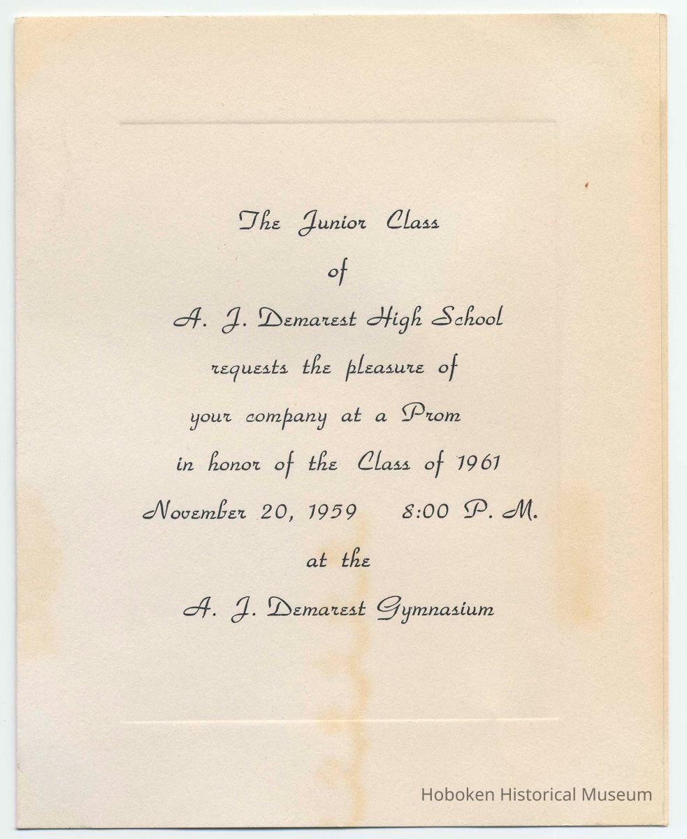 Digital image of engraved invitation to Junior Class Prom, Demarest High School, Hoboken, Nov. 25, 1959. picture number 1