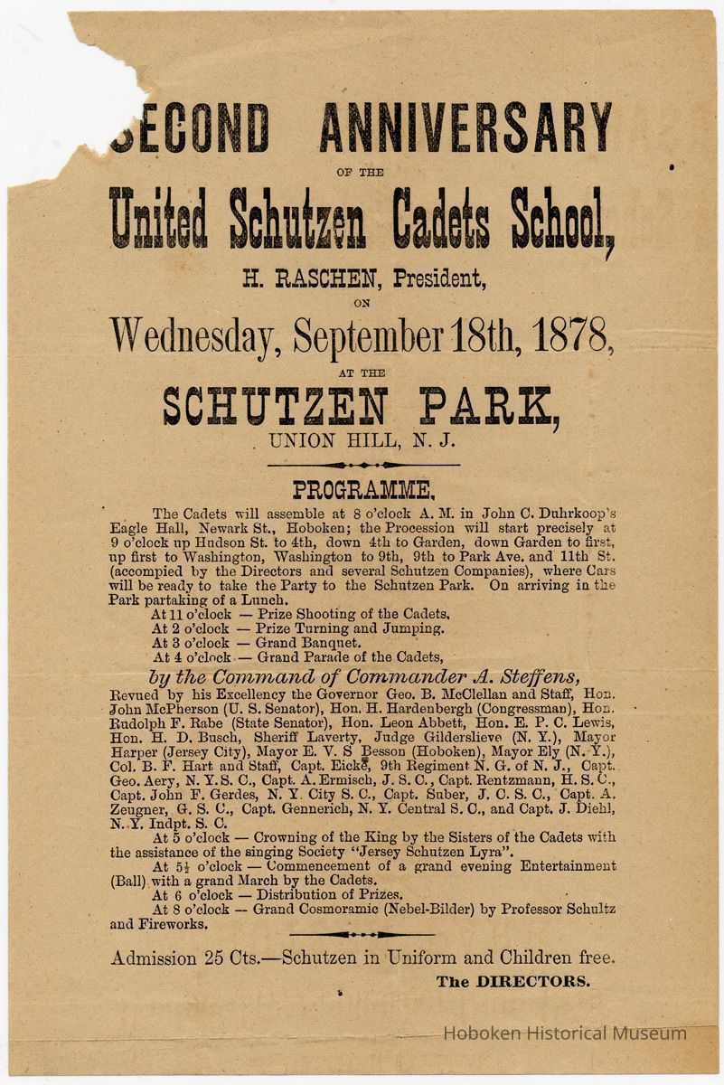 Flier: Second Anniversary of United Schutzen Cadets School [Hoboken], Sept. 18, 1878. picture number 1