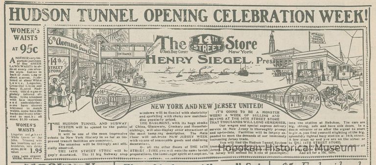 Digital image of newspaper ad: Hudson Tunnel Opening Celebration Week! The 14th Street Store, (N.Y., 1908.) picture number 1