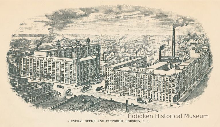 Print: black-and-white photostatic copy of an engraving of the Keuffel & Esser Co. buildings in Hoboken, no date, ca. 1930. picture number 1