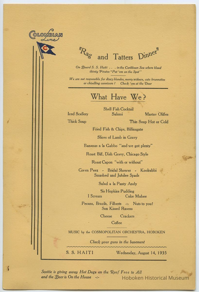 menu: Rags & Tatters Dinner, S.S. Haiti, Columbian Line 1935